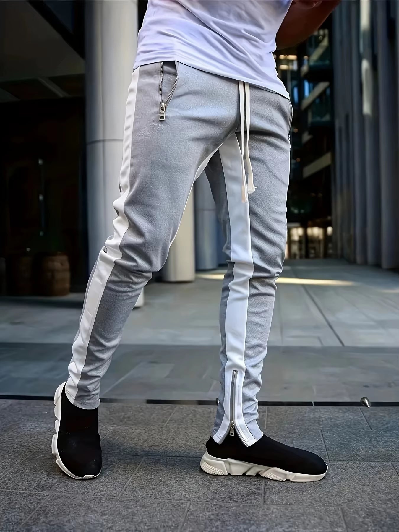Men Sweatshirts Jogging Pants Men Casual Pants Men Stylish Color Block Zip Pockets Drawstring Sports Skinny Pants Trousers Pants